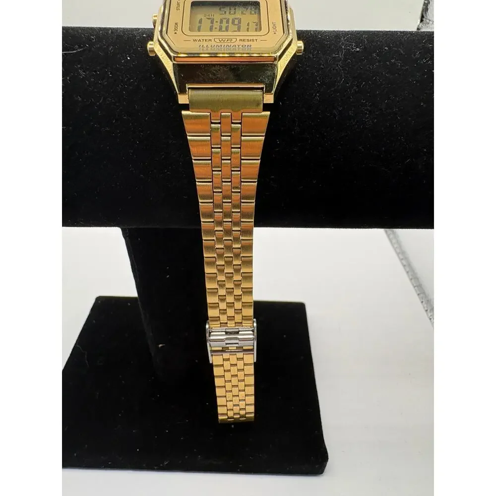 Casio Gold Digital Retro Watch Mirror Face Bracelet Illuminator 24H Gold NWT